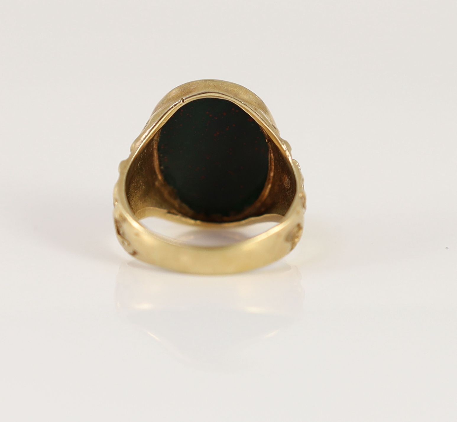 A 1970's 9ct gold and oval bloodstone set signet ring